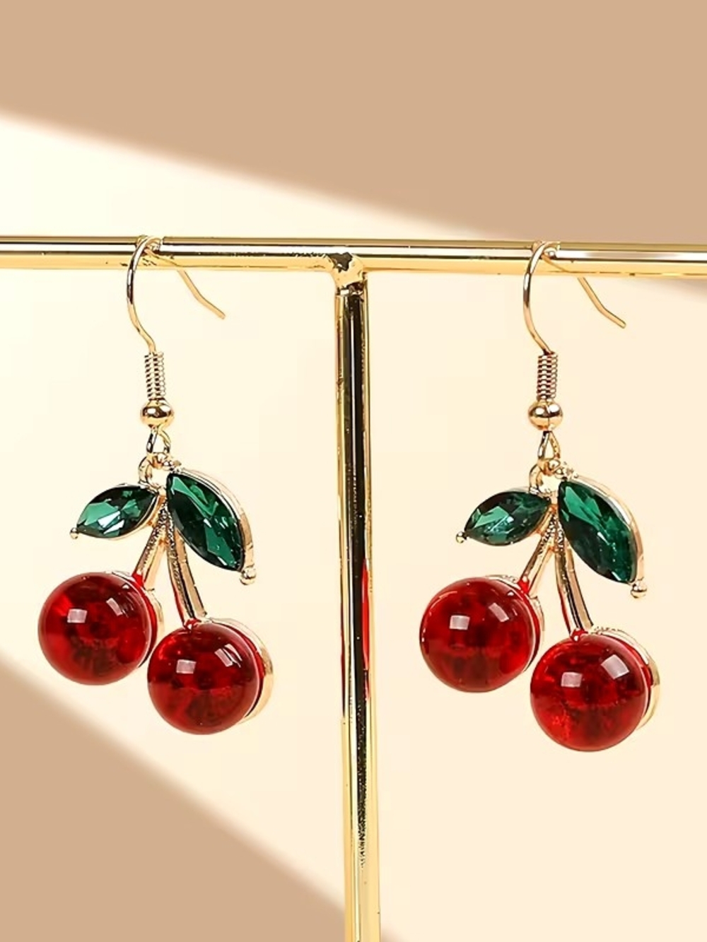 Gold Cherry Drop Earrings with Red & Green Accents - Women Jewelry